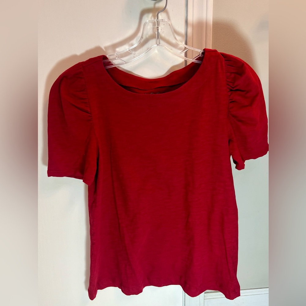 Loft Puff Sleeve 100% Cotton Crewneck Pullover Casual Tee Red Size Small